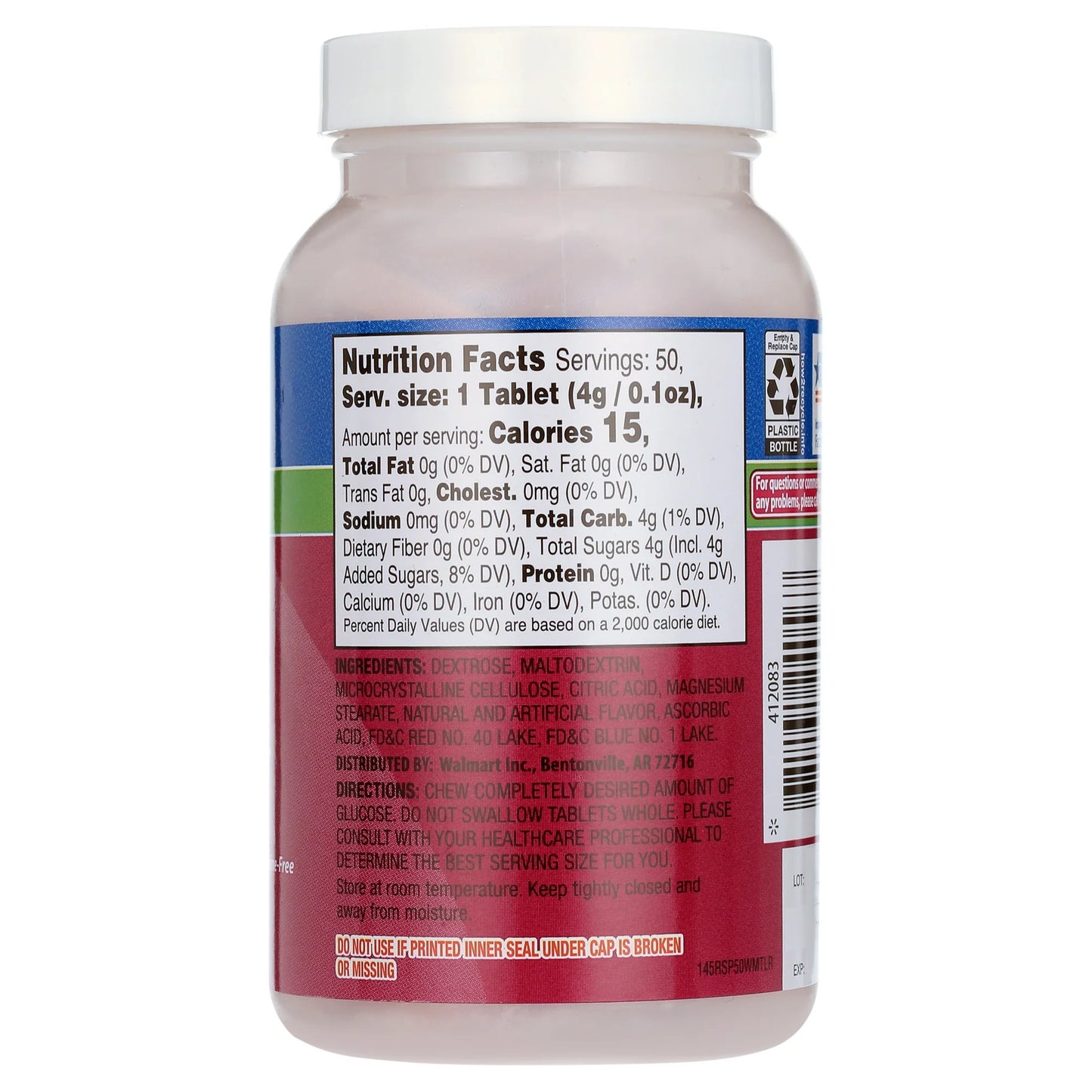 ReliOn Glucose Tablets, Raspberry Flavor, 50 Count