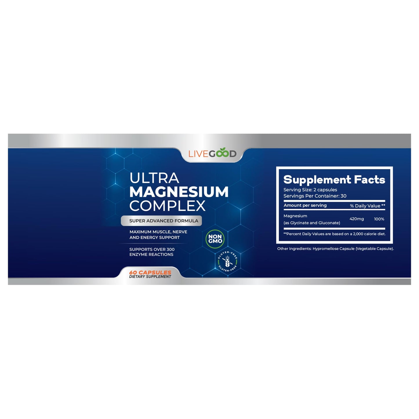 Ultra Magnesium Complex Advanced Formula for Muscle, Nerve & Energy Support, Non-GMO, 420mg Magnesium Glycinate & Gluconate per Serving, 60 Capsules