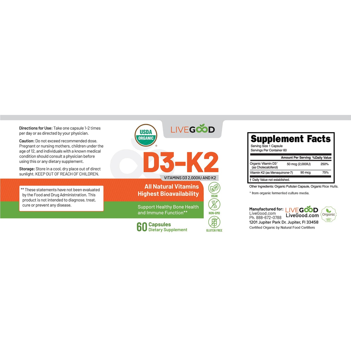 Vitamin D3 + K2 All Natural Bone, Muscle & Immune System Support, Vegan & Non-GMO, 60 Capsules