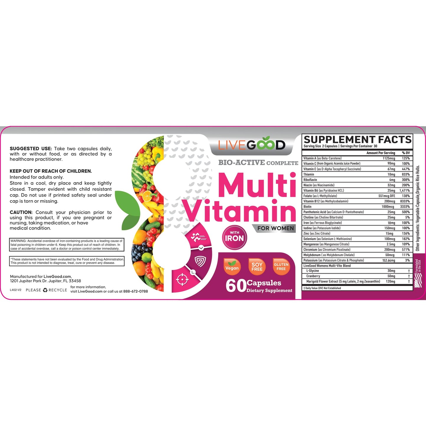 Women's Bio-Active Complete Multivitamin with Iron, Vitamin A, B12, C, E, Lycopene, Vegan, 60 Capsules