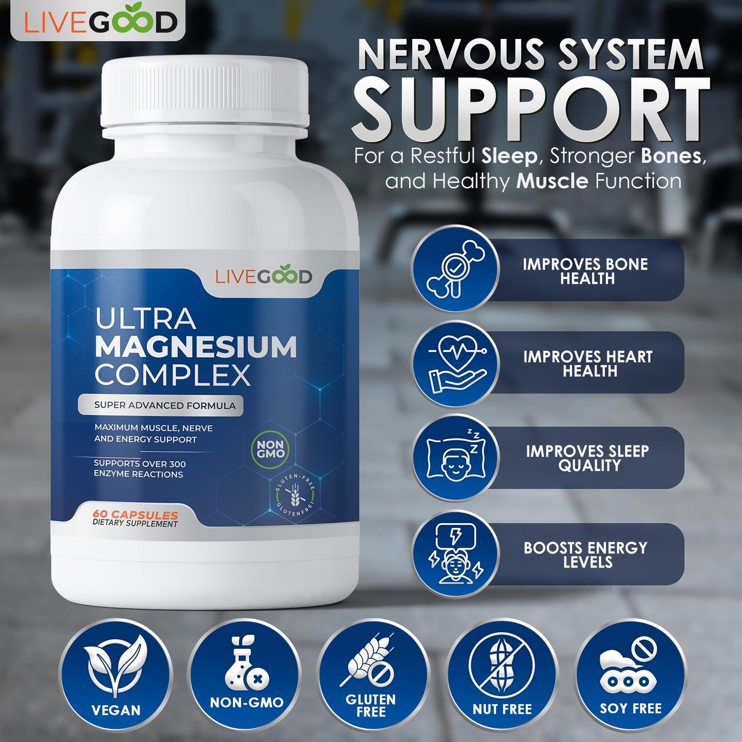 Ultra Magnesium Complex Advanced Formula for Muscle, Nerve & Energy Support, Non-GMO, 420mg Magnesium Glycinate & Gluconate per Serving, 60 Capsules