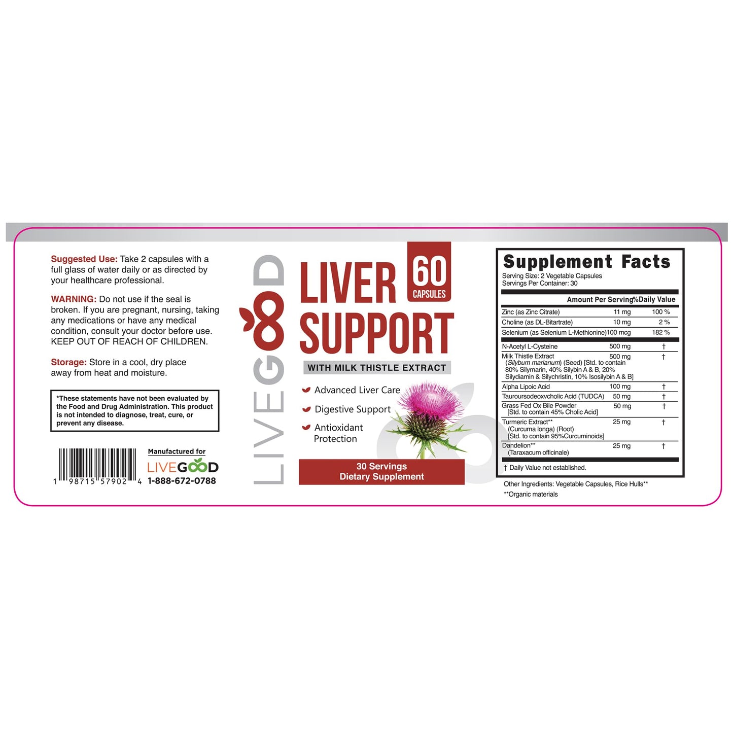 Liver Support - with Milk Thistle, NAC, TUDCA, Turmeric, Dandelion Root, Alpha Lipoic Acid, Natural Detox & Cleanse Formula, Non-GMO, 60 Capsules