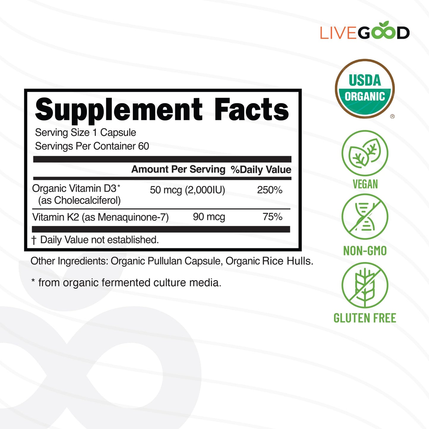 Vitamin D3 + K2 All Natural Bone, Muscle & Immune System Support, Vegan & Non-GMO, 60 Capsules