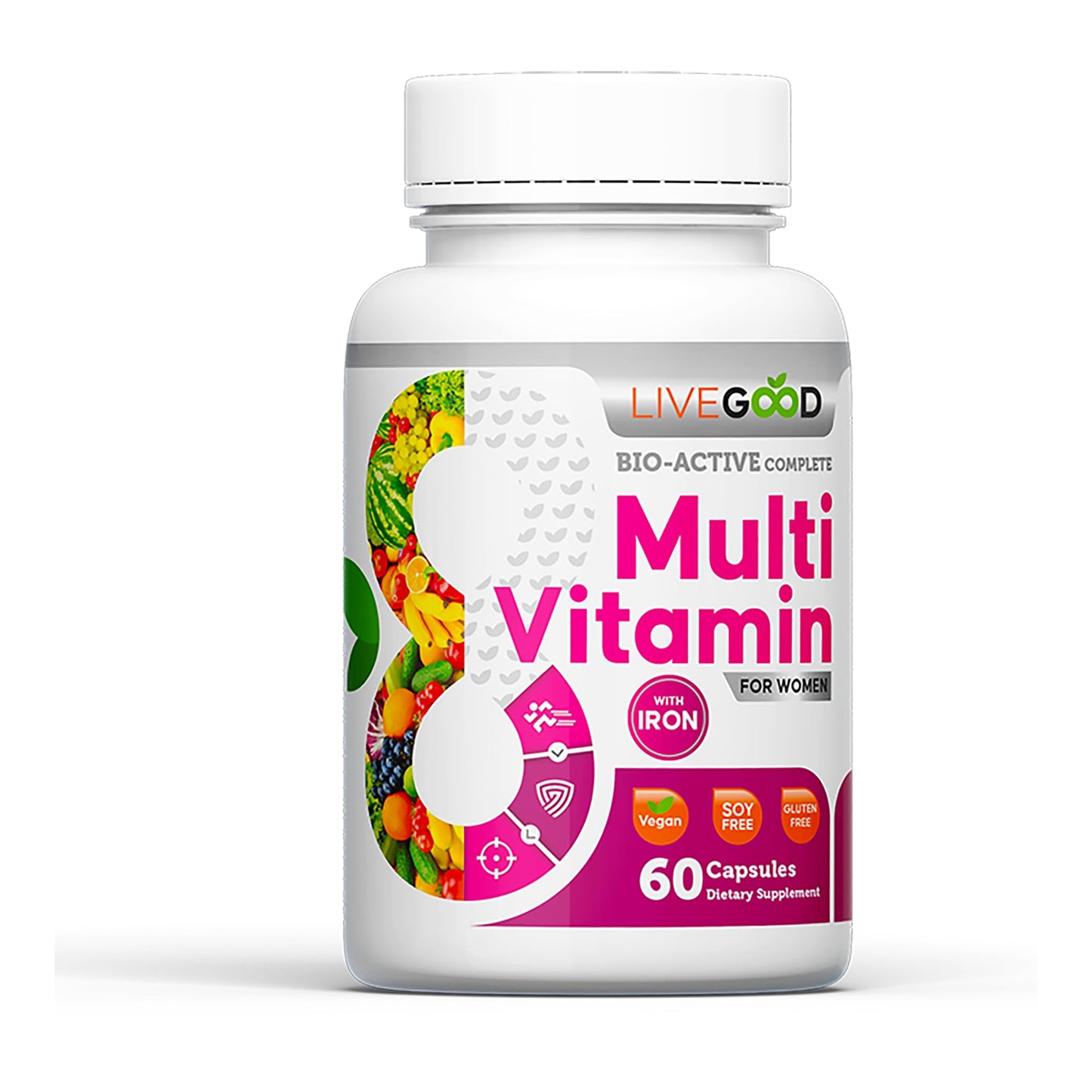 Women's Bio-Active Complete Multivitamin with Iron, Vitamin A, B12, C, E, Lycopene, Vegan, 60 Capsules