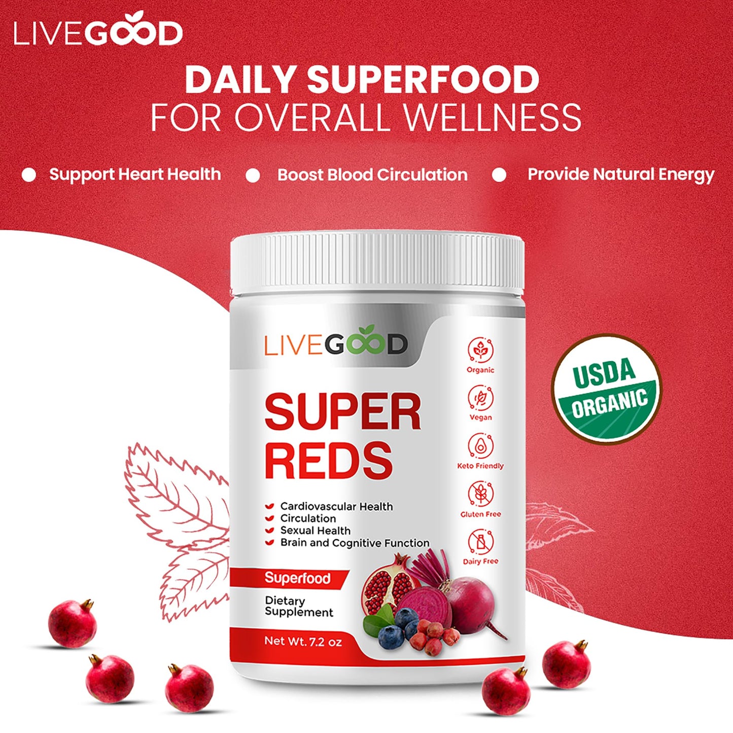 Organic Super Reds with Alfalfa, Barley Grass, Beet Root, Pomegranite, Grape Seed, Vegan, Gluten Free, 7.2 oz.