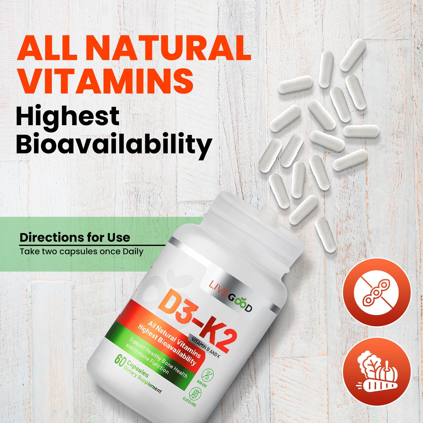 Vitamin D3 + K2 All Natural Bone, Muscle & Immune System Support, Vegan & Non-GMO, 60 Capsules
