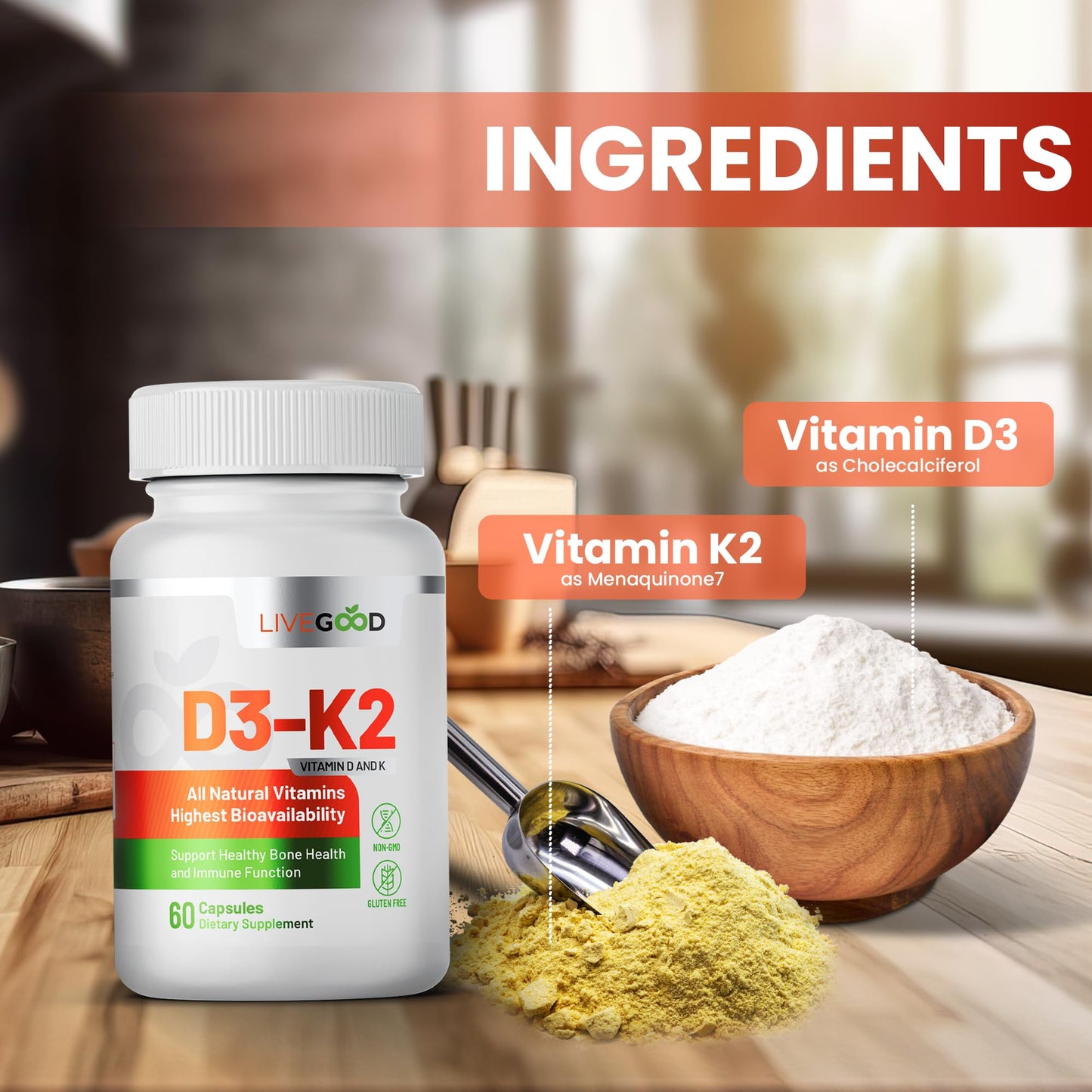 Vitamin D3 + K2 All Natural Bone, Muscle & Immune System Support, Vegan & Non-GMO, 60 Capsules