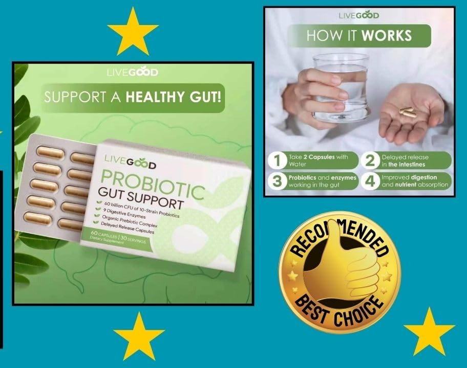 Probiotic Gut Support, 60 Capsules, 60 Billion CFU Probiotics, Digestive Enzymes