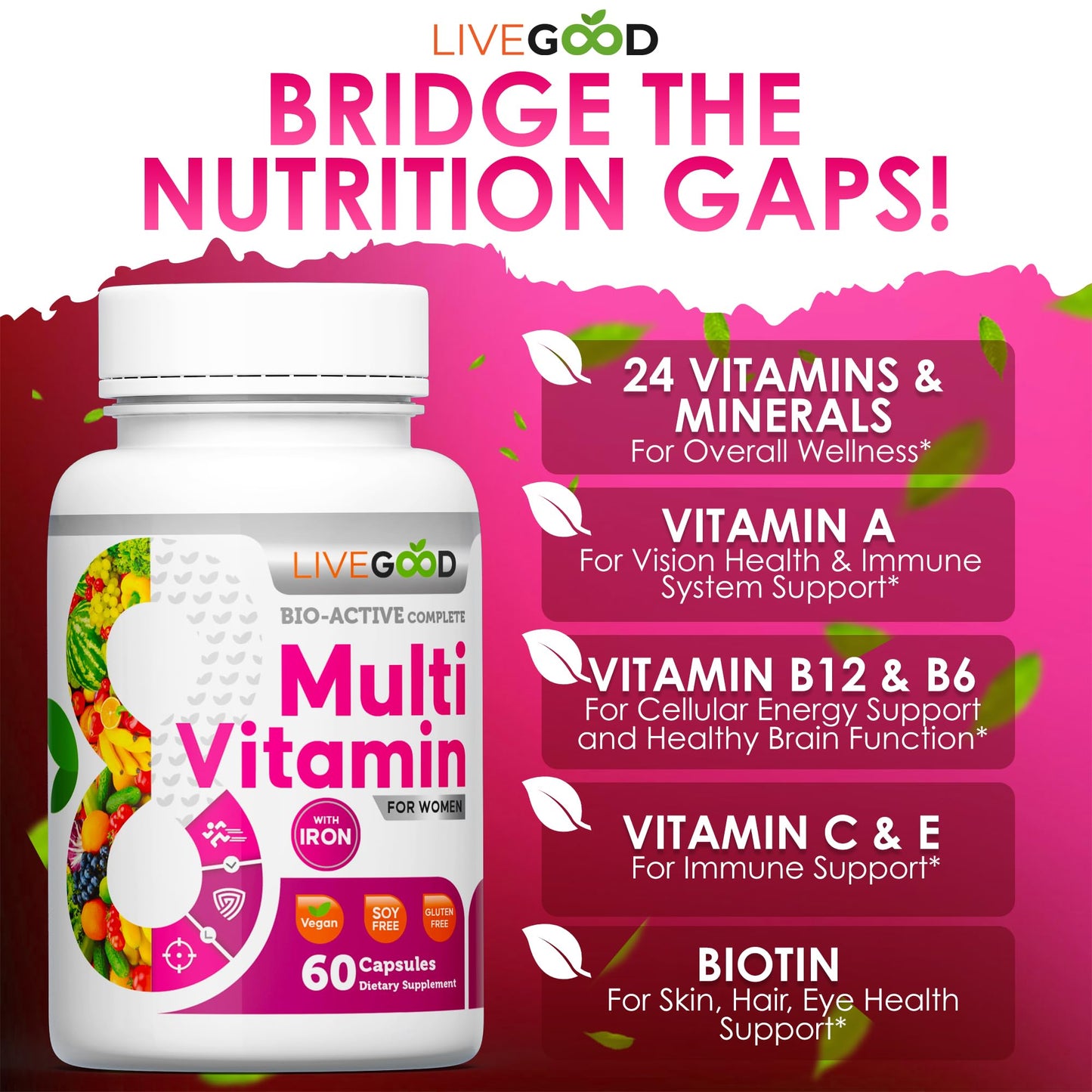 Women's Bio-Active Complete Multivitamin with Iron, Vitamin A, B12, C, E, Lycopene, Vegan, 60 Capsules
