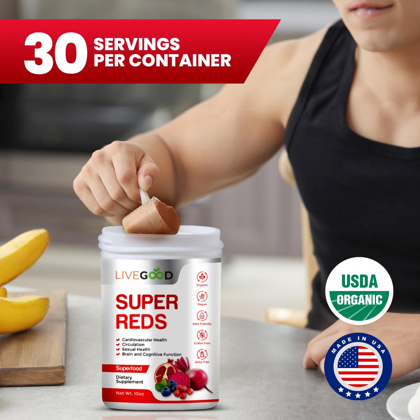 Organic Super Reds with Alfalfa, Barley Grass, Beet Root, Pomegranite, Grape Seed, Vegan, Gluten Free, 7.2 oz.