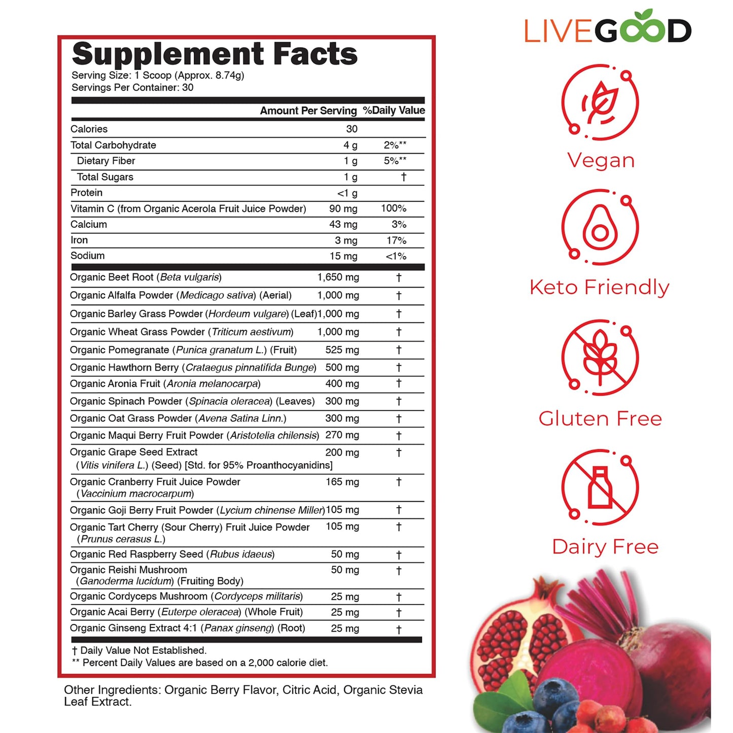 Organic Super Reds with Alfalfa, Barley Grass, Beet Root, Pomegranite, Grape Seed, Vegan, Gluten Free, 7.2 oz.