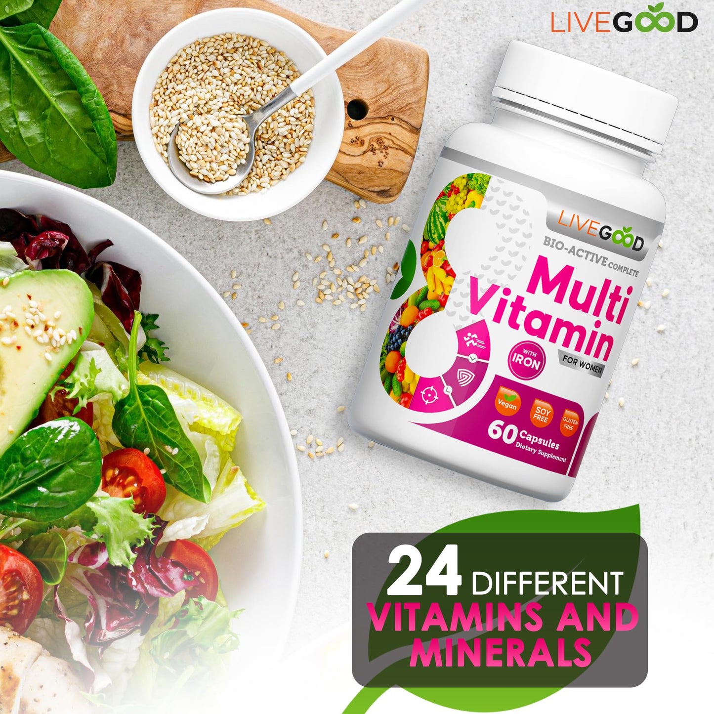 Women's Bio-Active Complete Multivitamin with Iron, Vitamin A, B12, C, E, Lycopene, Vegan, 60 Capsules