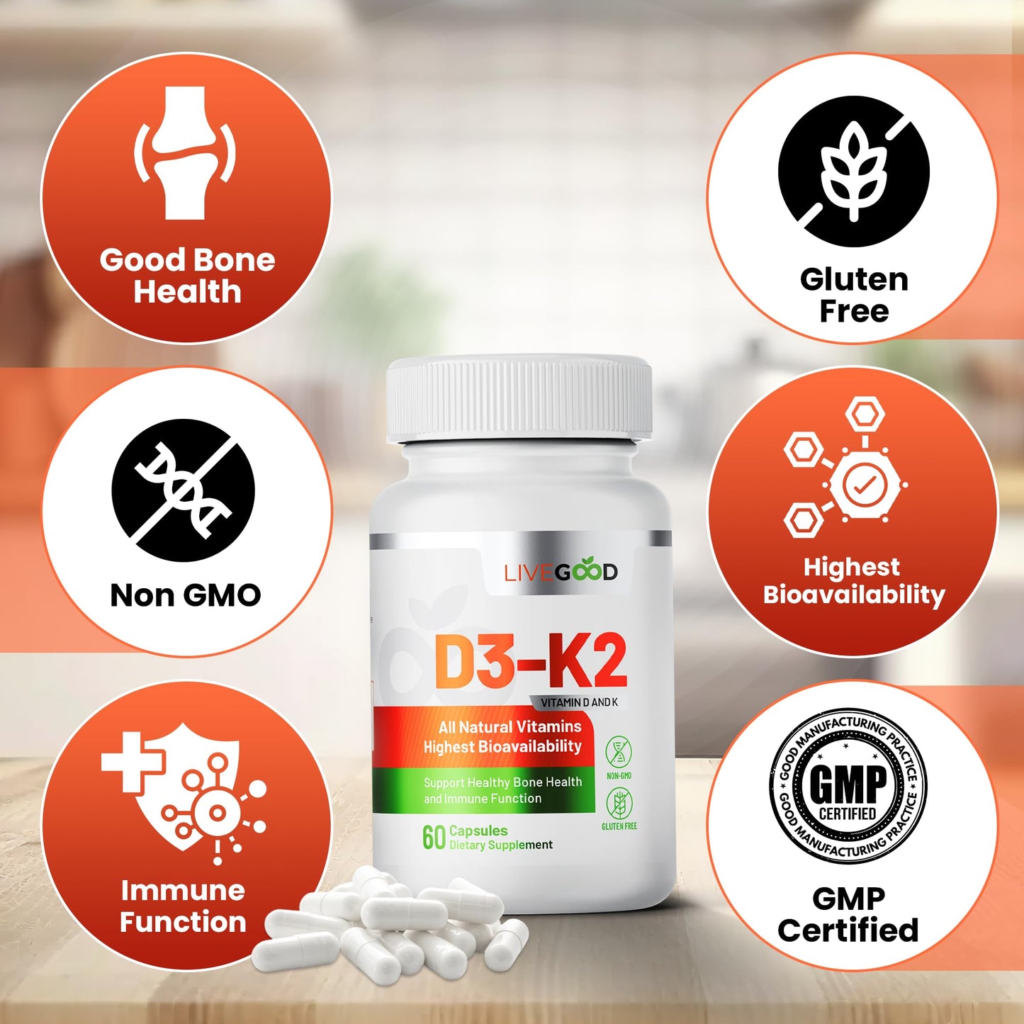 Vitamin D3 + K2 All Natural Bone, Muscle & Immune System Support, Vegan & Non-GMO, 60 Capsules