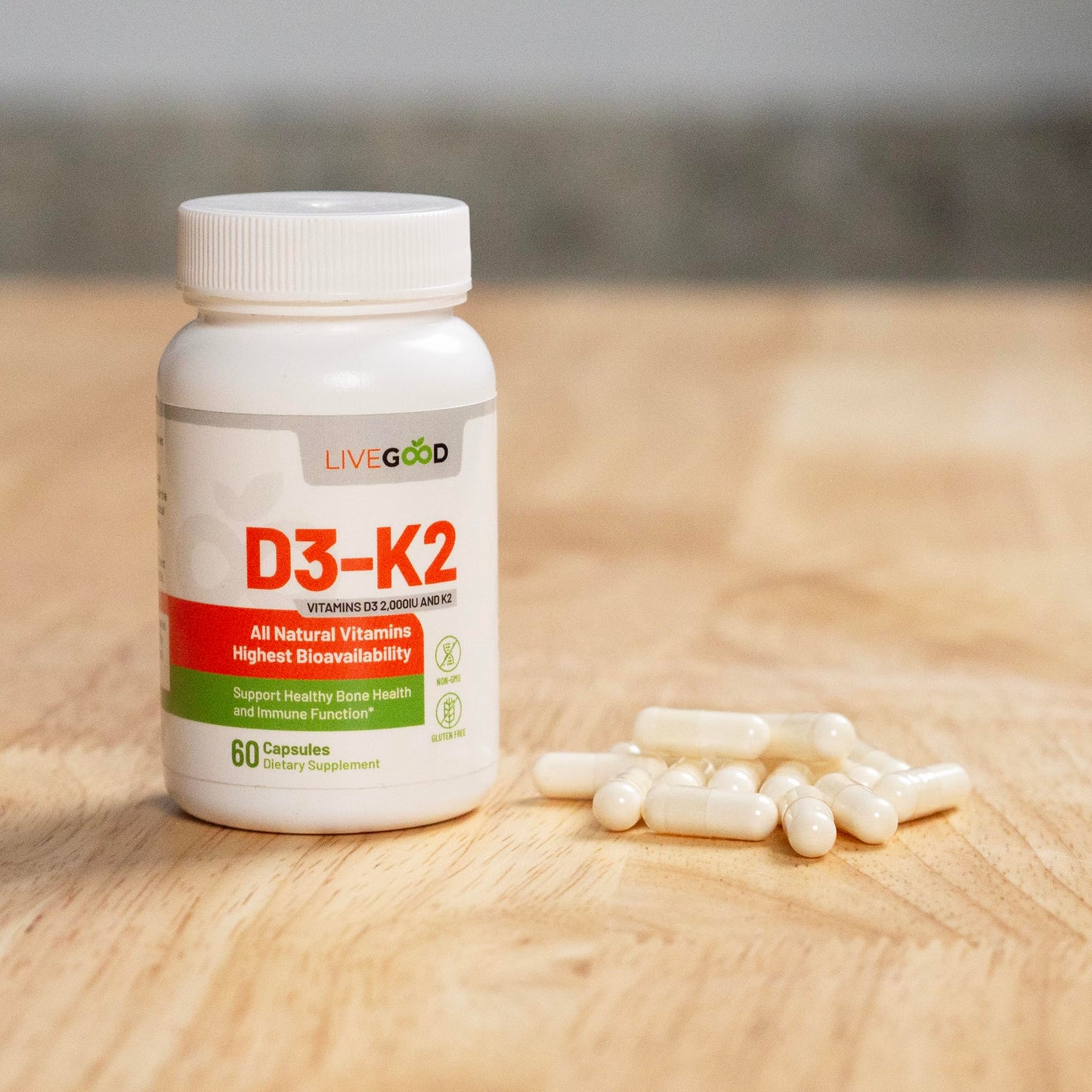Vitamin D3 + K2 All Natural Bone, Muscle & Immune System Support, Vegan & Non-GMO, 60 Capsules