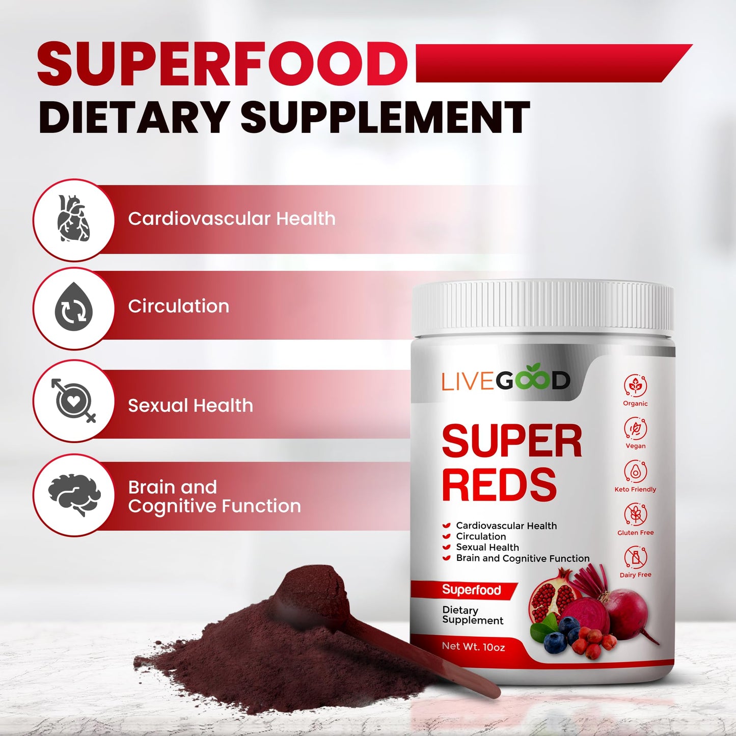 Organic Super Reds with Alfalfa, Barley Grass, Beet Root, Pomegranite, Grape Seed, Vegan, Gluten Free, 7.2 oz.