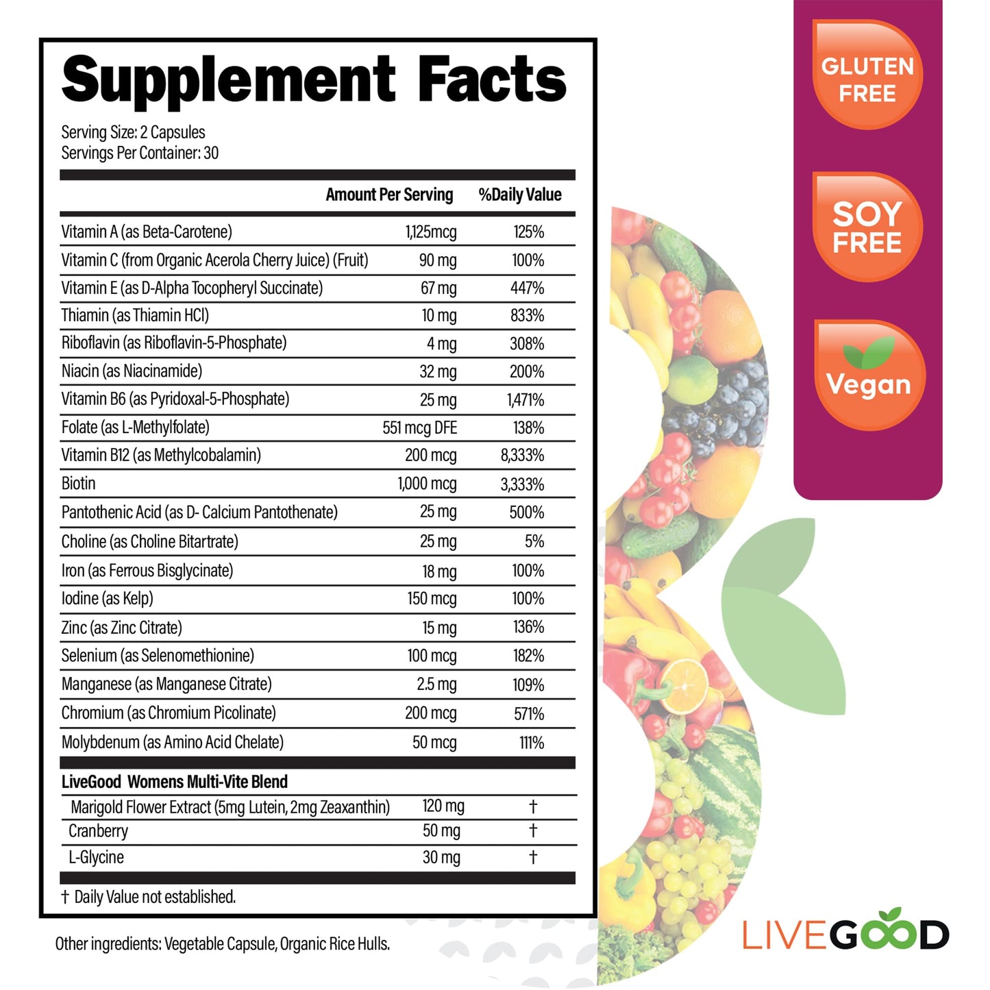 Women's Bio-Active Complete Multivitamin with Iron, Vitamin A, B12, C, E, Lycopene, Vegan, 60 Capsules