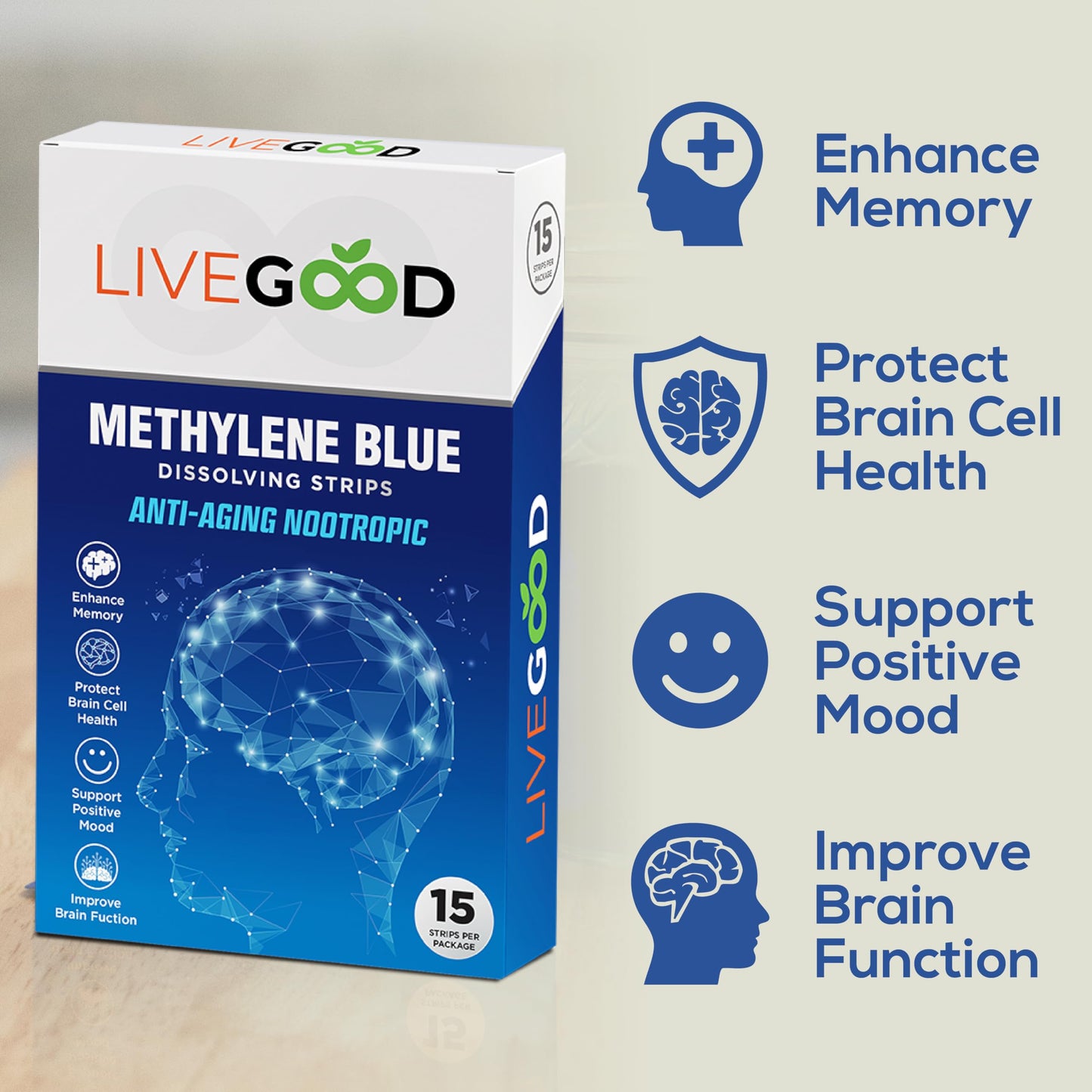 Methylene Blue Nootropic – Dissolving Strips for Maximum Absorption, Helps Promote Focus & Cognitive & Brain Health, Third Party Tested, 15 Strips
