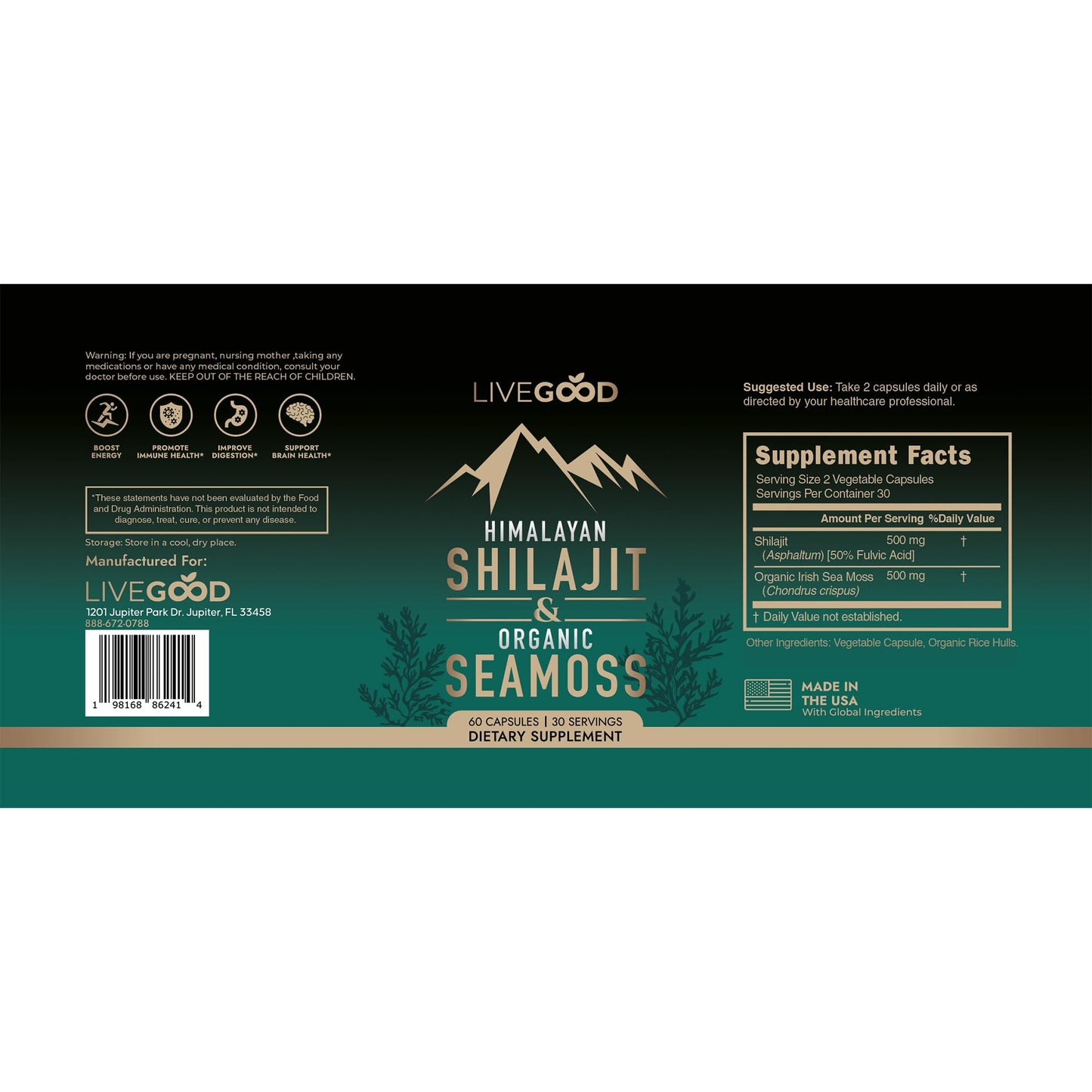 Himalayan Shilajit & Organic Sea Moss, Rich in Fulvic Acid & Iodine, Vegan & Gelatin-Free, 60 Capsules