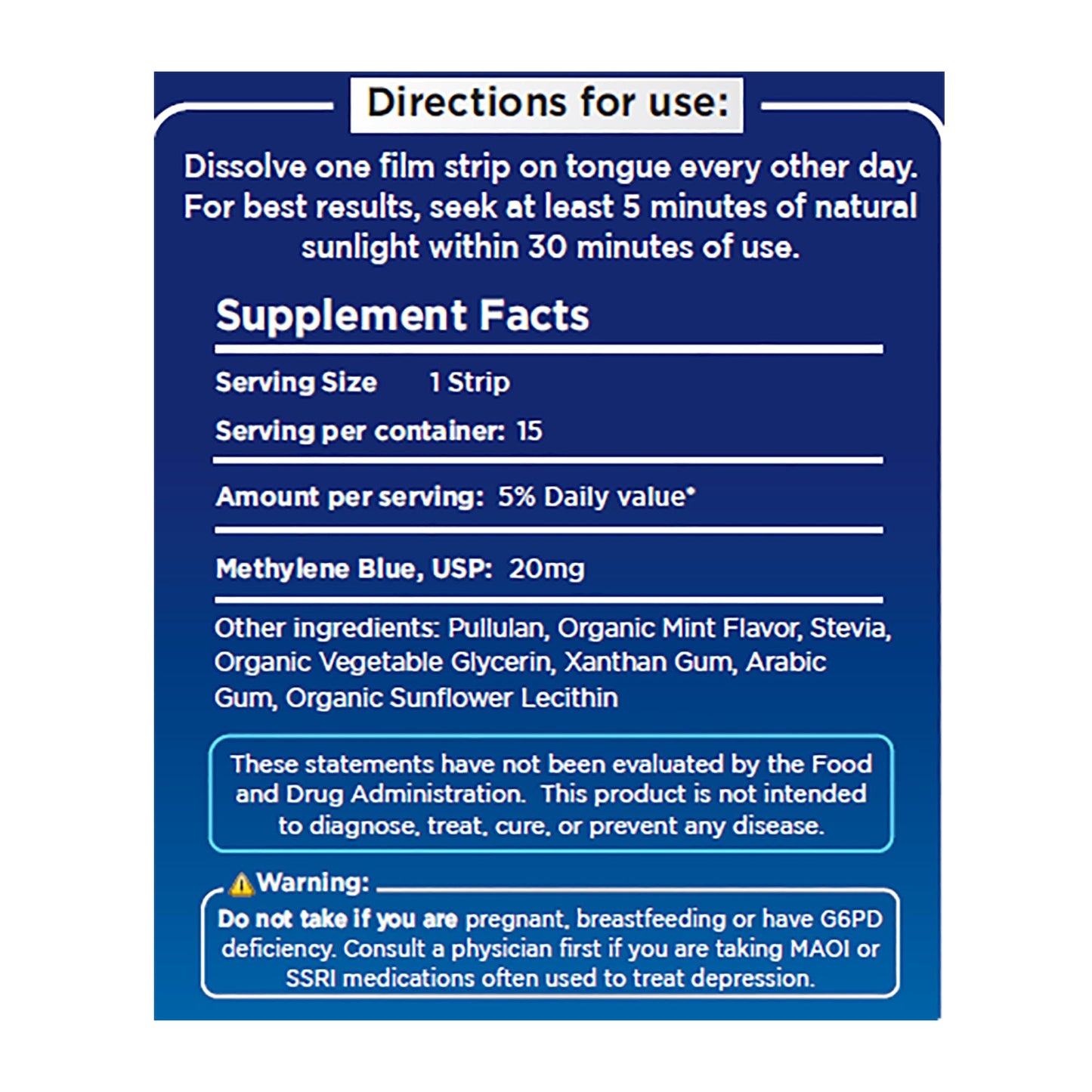Methylene Blue Nootropic – Dissolving Strips for Maximum Absorption, Helps Promote Focus & Cognitive & Brain Health, Third Party Tested, 15 Strips