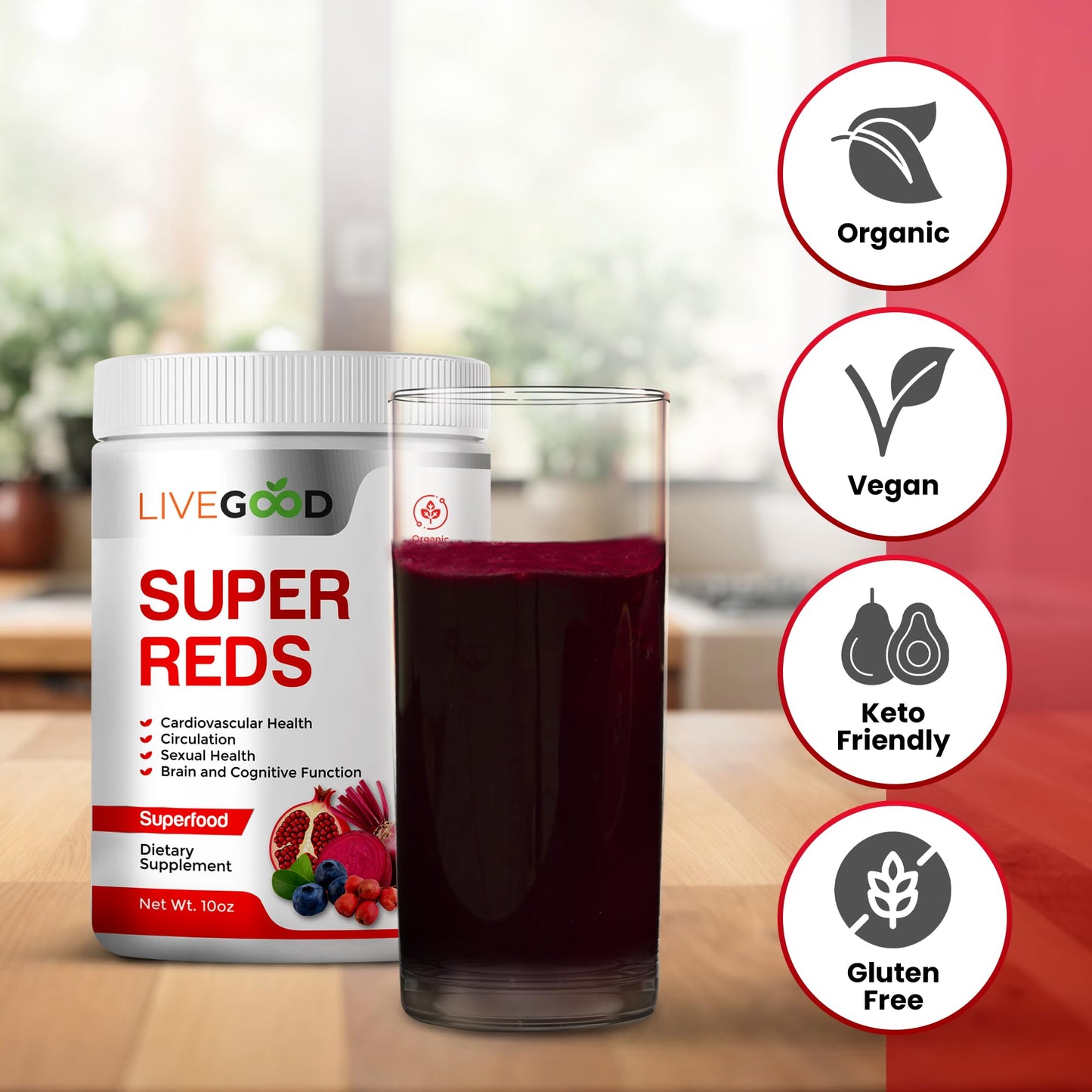 Organic Super Reds with Alfalfa, Barley Grass, Beet Root, Pomegranite, Grape Seed, Vegan, Gluten Free, 7.2 oz.