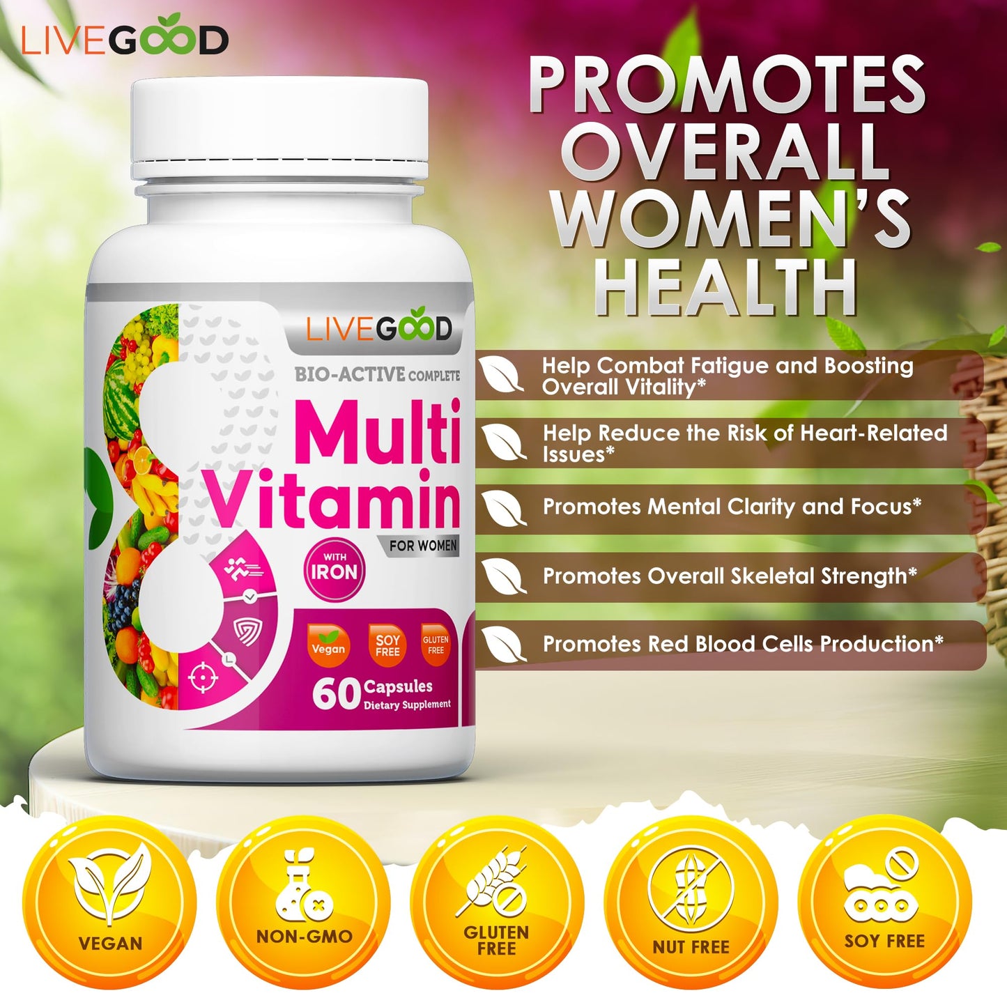 Women's Bio-Active Complete Multivitamin with Iron, Vitamin A, B12, C, E, Lycopene, Vegan, 60 Capsules