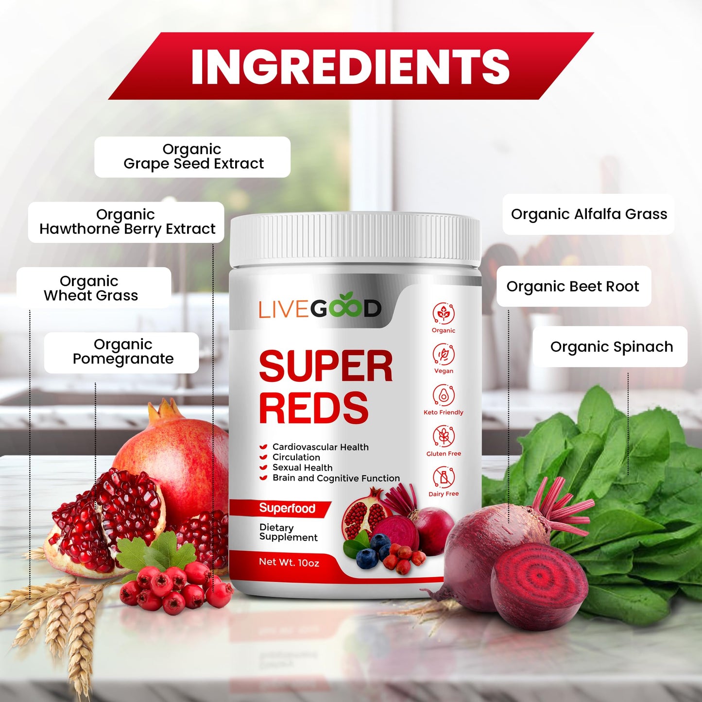 Organic Super Reds with Alfalfa, Barley Grass, Beet Root, Pomegranite, Grape Seed, Vegan, Gluten Free, 7.2 oz.