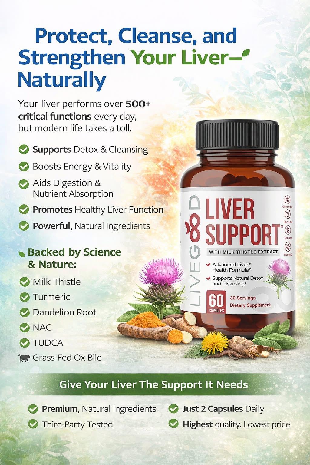 Liver Support - with Milk Thistle, NAC, TUDCA, Turmeric, Dandelion Root, Alpha Lipoic Acid, Natural Detox & Cleanse Formula, Non-GMO, 60 Capsules